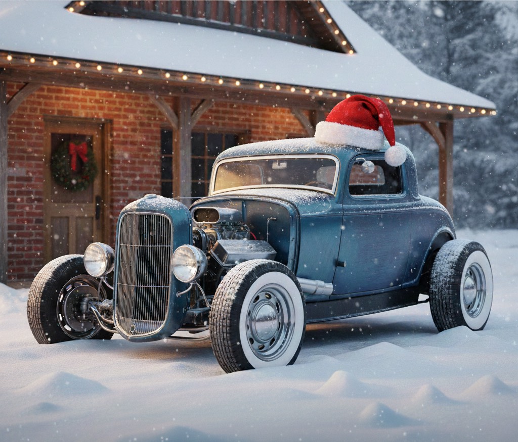 Photo illustration of old hot rod car with holiday hat and snowy background