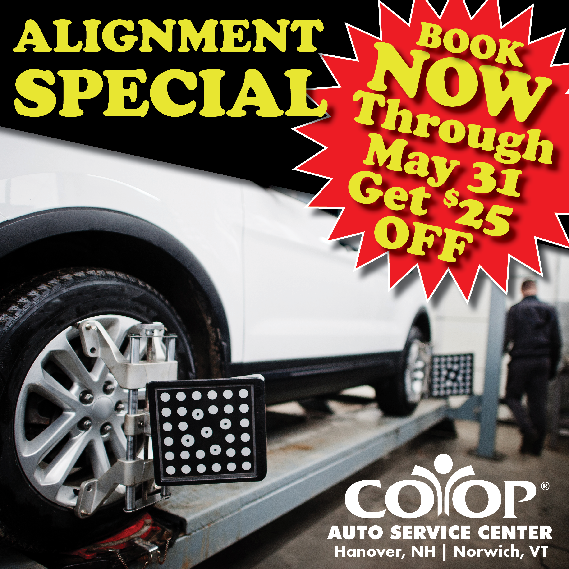 alignment_special Photo illustration of car in service center to promote alignment special